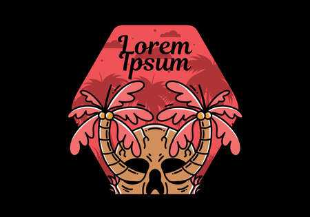 illustration badge design of two coconut trees growing on a skullのイラスト素材