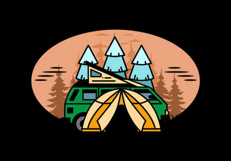 Illustration badge design of a camping with tent and carのイラスト素材