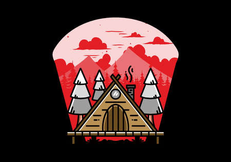 illustration design of a triangle wooden cabin between pine tressのイラスト素材