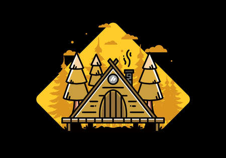 illustration design of a triangle wooden cabin between pine tressのイラスト素材