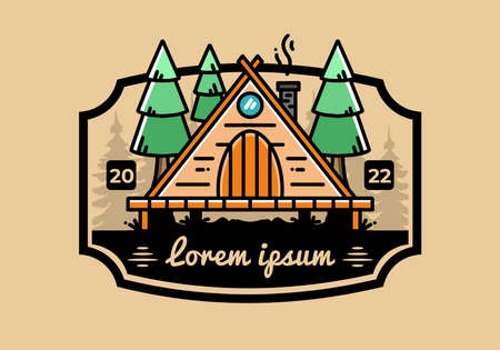 illustration design of a triangle wooden cabin between pine tressのイラスト素材