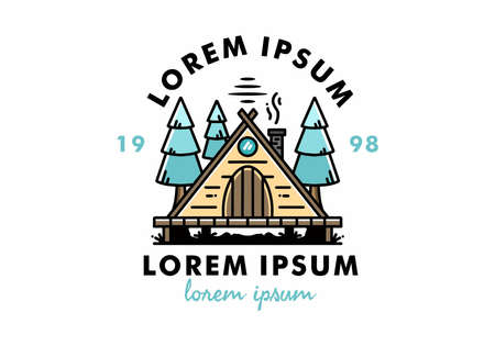 illustration design of a triangle wooden cabin between pine tressのイラスト素材