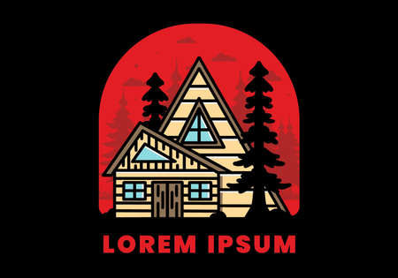 Illustration badge design of an aesthetic wood house between two pine treesのイラスト素材