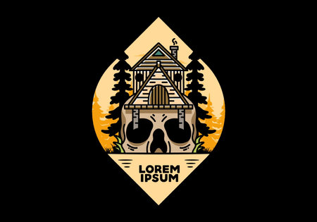 Illustration badge design of a wooden house with skullのイラスト素材