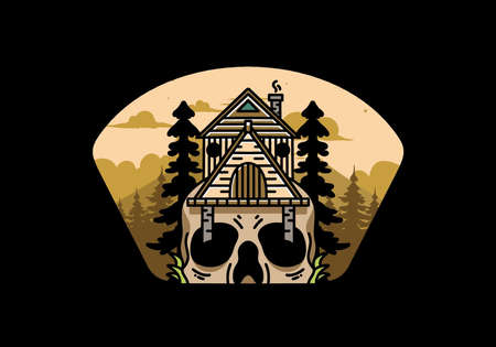 Illustration badge design of a wooden house with skullのイラスト素材