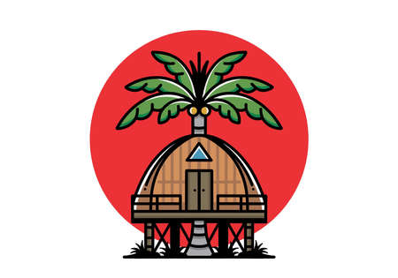 Illustration badge design of a Wooden house with big coconut treeのイラスト素材