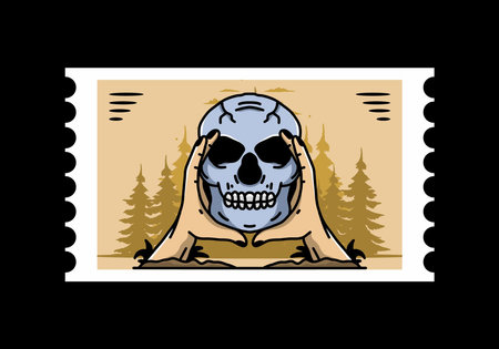 illustration badge design of two hand holding a skullのイラスト素材