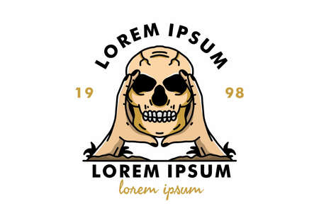 illustration badge design of two hand holding a skullのイラスト素材