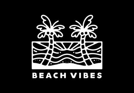 White color of Beach vibes line art design on black backgroundのイラスト素材