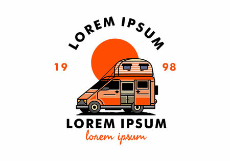 Big van camper with roof box tent illustration badge designのイラスト素材