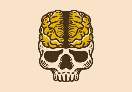 Skull with big brain vintage retro line art designのイラスト素材