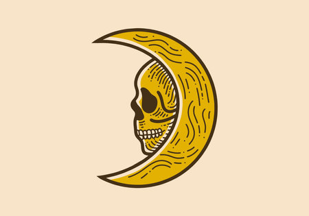 Retro vintage art illustration of a crescent moon and skullのイラスト素材