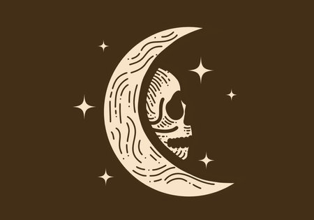 Line art vintage drawing of a moon and skullのイラスト素材