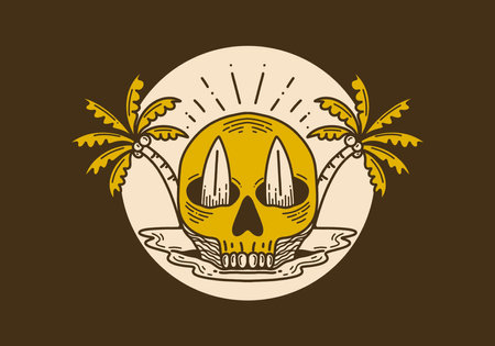 Vintage illustration of a skull with two surfboard and two coconut treeのイラスト素材