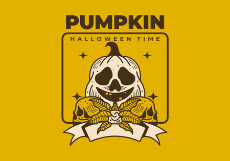 Vintage illustration of Scary Halloween pumpkin and skullのイラスト素材