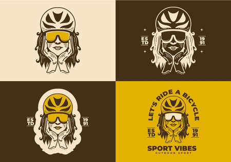 Vintage art illustration design of a woman wearing bicycle helmetのイラスト素材