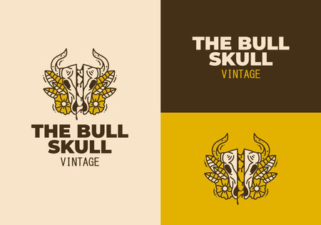 Vintage art illustration design of a bull skull and flowers round itのイラスト素材