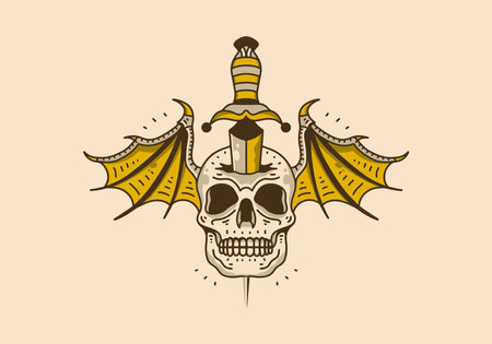 Vintage art illustration design of skull with wings and daggerのイラスト素材