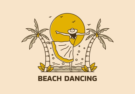 Yellow vintage art illustration of a woman dancing on the beachのイラスト素材