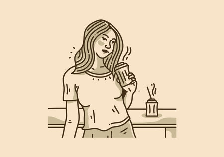 Vintage art illustration of woman holding a cup of coffeeのイラスト素材
