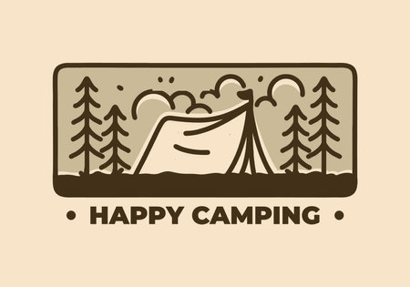Vintage art illustration of camping tent among the pine treesのイラスト素材