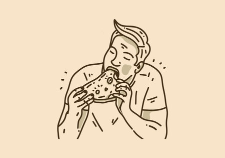 Vintage art illustration of man eating pizzaのイラスト素材