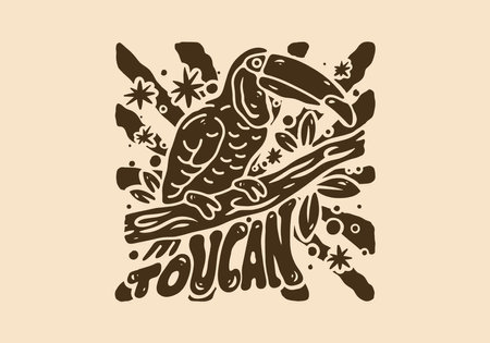 The illustration drawing of toucan bird standing on a tree trunkのイラスト素材