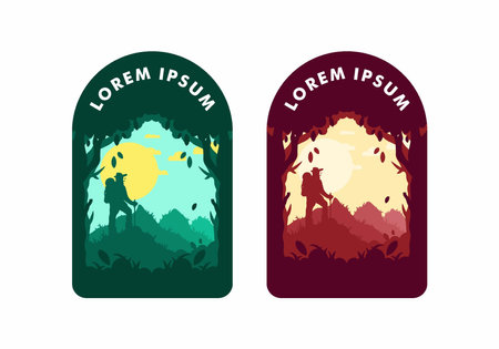 silhouette flat illustration design of a mountain climber standing on top of a hillのイラスト素材