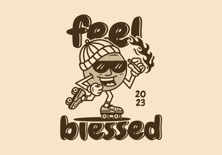 Head ball mascot character holding cigarette on roller skatesのイラスト素材
