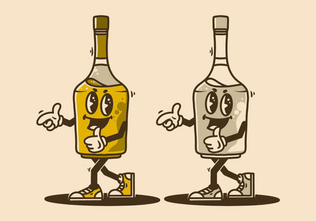 Mascot character design of an alcohol bottle waling with happy faceのイラスト素材