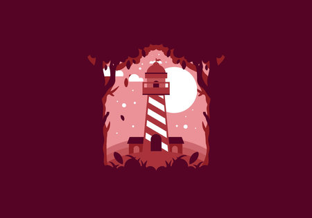 Colorful flat illustration design of lighthouse in the forestのイラスト素材