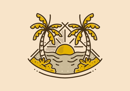 Vintage mono line design of beach view in triangle shapeのイラスト素材