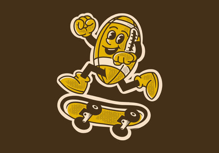 Vintage mascot character design of american football ball jumping on skateboardのイラスト素材