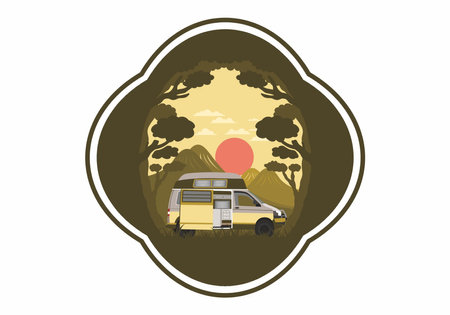 Colorful illustration badge design of campervan in natureのイラスト素材