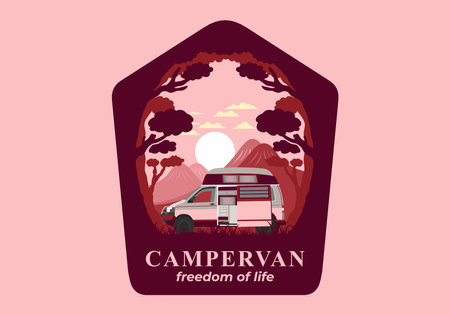 Colorful illustration badge design of campervan in natureのイラスト素材
