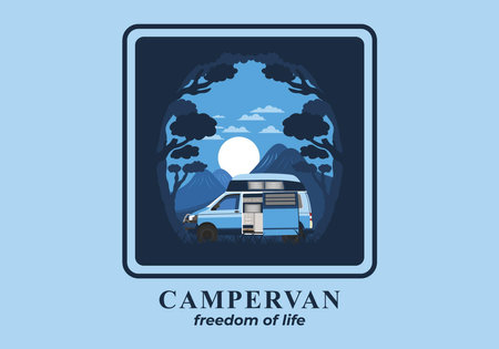 Colorful illustration badge design of campervan in natureのイラスト素材