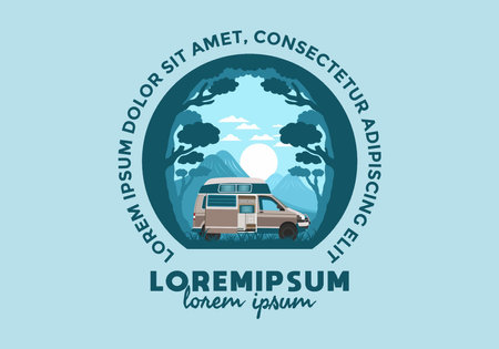 Colorful illustration badge design of campervan in natureのイラスト素材