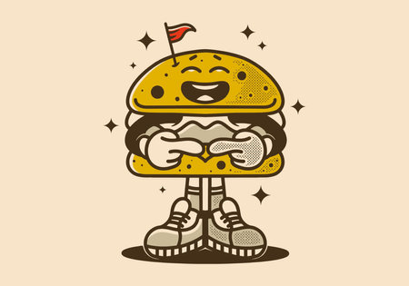 Burger character design with shy expression in vintage styleのイラスト素材