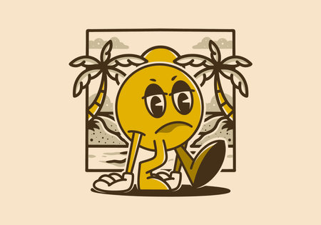 Ball head character illustration between two coconut trees in bad moodのイラスト素材