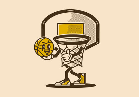 Mascot character design of basket holding ball in vintage styleのイラスト素材