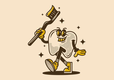 Vintage mascot character design of tooth holding a tooth brushのイラスト素材
