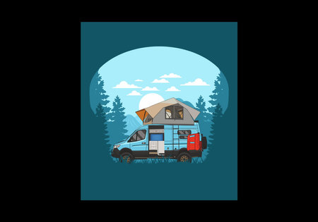 Large camper van with roof tent illustration designのイラスト素材