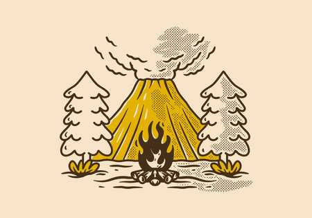Vintage illustration design of volcano, pine trees and bonfireのイラスト素材
