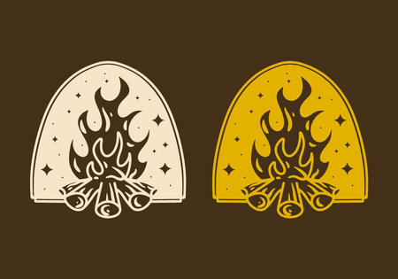 Mono line art illustration design of a bonfire in vintage colorのイラスト素材