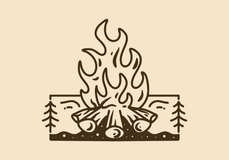 Mono line art illustration design of a bonfire in vintage colorのイラスト素材