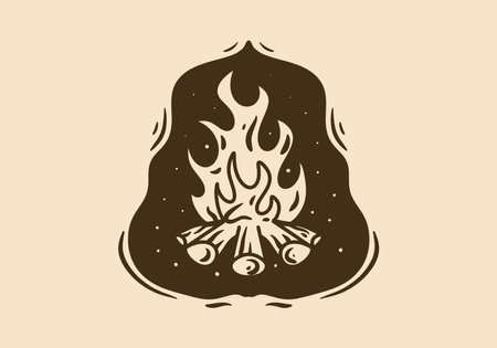 Mono line art illustration design of a bonfire in vintage colorのイラスト素材