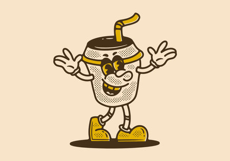Coffee paper cup mascot character walking with happy face, drawing in vintage styleのイラスト素材