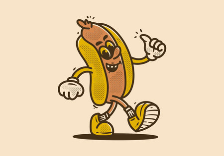 Hot dog mascot character walking with happy face, drawing in vintage styleのイラスト素材