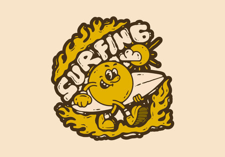 Ball head character holding a surfing board, in vintage style designのイラスト素材