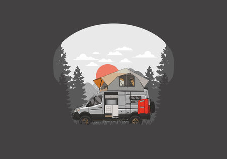 Large camper van with roof tent illustration designのイラスト素材